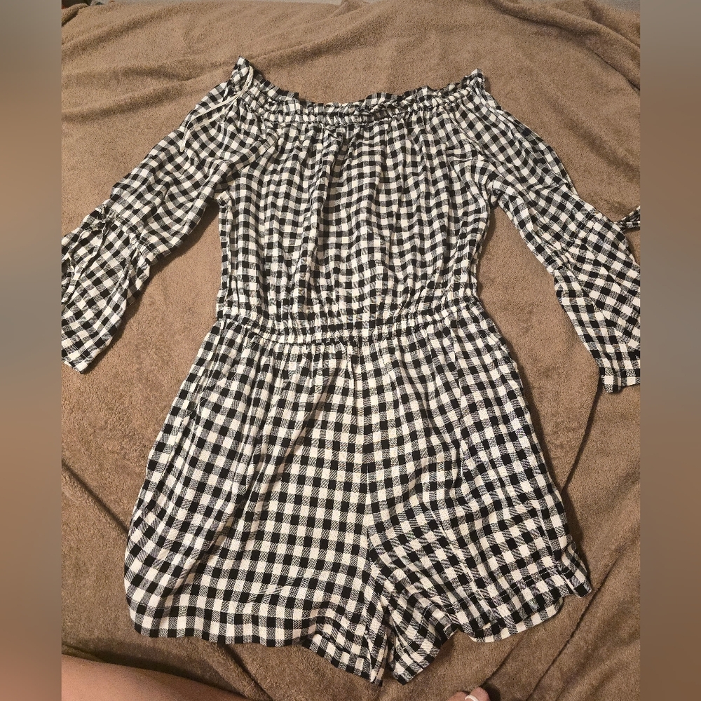 Black and White Gingham Off-Shoulder Dress